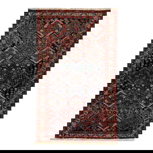 1960s Persian Bakhtiari Handmade Wool Rug 4'3" x 7' Red Geometric Design: 1960s Persian Bakhtiari Handmade Wool Rug 4'3" x 7' Red Geometric Design Presenting a stunning vintage Persian Bakhtiari hand-knotted wool rug, showcasing a vibrant red color field. This exquisite pie