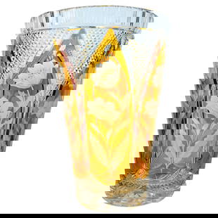 Citrine Cut to Clear Floral Vase Moser Style Bohemian Crystal 14in: Citrine Cut to Clear Floral Vase Moser Style Bohemian Crystal 14in This magnificent Bohemian engraved citrine cut to clear floral vase, reminiscent of the renowned Moser Glass Works, showcases exquisi