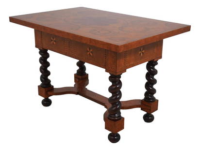 Baker Highly Inlaid 1 Drawer Library Table Desk with Spiral Twist Legs: Baker Highly Inlaid 1 Drawer Library Table Desk with Spiral Twist Legs This exquisite Baker Highly Inlaid Continental Library Table Desk showcases fine craftsmanship and elegant design. Approximately