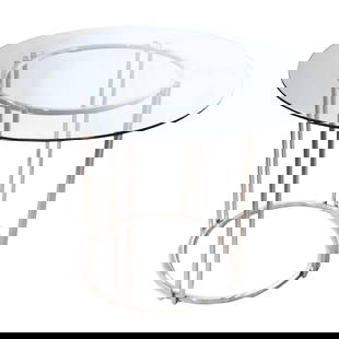1970s Round Chrome Glass Dining Table Inspired by Baughman 36in Diameter: 1970s Round Chrome Glass Dining Table Inspired by Baughman 36in Diameter Round glass top, chrome base dining, cafe, breakfast table, having a thick plate glass top, with a cylindrical chrome center pe