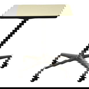 Eames Herman Miller Rolling Aluminum End Table 20x20x25.5 White: Eames Herman Miller Rolling Aluminum End Table 20x20x25.5 White This mid-century modern end table, designed by Charles and Ray Eames for Herman Miller, showcases a sleek aluminum construction with a s