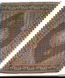 5' x 6'4'' Black Wool Silk Persian Tabriz Mahi Area Rug: 5' x 6'4'' Black Wool Silk Persian Tabriz Mahi Area Rug Enhance your living space with the exquisite 5 x 6.4 Black Wool & Silk Fine Quality Persian Tabriz Mahi Rug. Handcrafted by skilled Persian arti