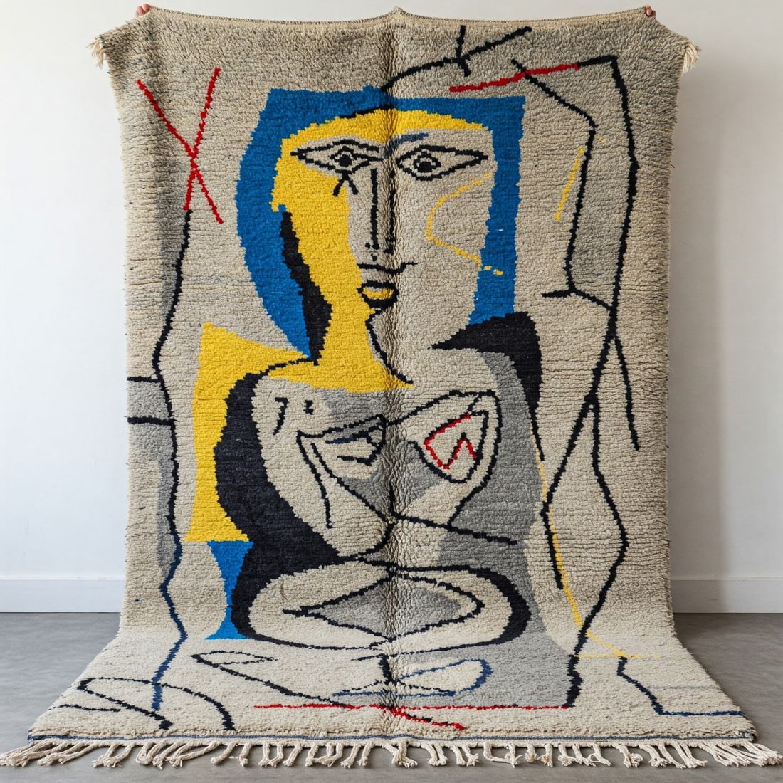 Picasso Inspired Handmade knoted Rug 39" x 79" Natural Wool: Picasso Inspired Handmade knoted Rug 39" x 79" Natural Wool PLEASE NOTE: Framed Large or heavy items do not have shipping costs included. The exact shipping cost will be added to your invoice post auc