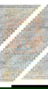Antique Persian Mahal Handmade Wool Rug 4'6" x 8'6" Floral Beige Orange: Antique Persian Mahal Handmade Wool Rug 4'6" x 8'6" Floral Beige Orange Beautiful antique Persian Mahal hand-knotted wool rug with a beige and orange field. This piece has a blue frame and accent in a