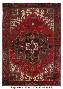 Handmade Persian Heriz Rug 6.9 x 9.7 ft Iran: Handmade Persian Heriz Rug 6.9 x 9.7 ft Iran Discover the exquisite craftsmanship of this 6.9 x 9.7 Persian Heriz rug, handmade in Iran. This stunning piece showcases traditional design elements that