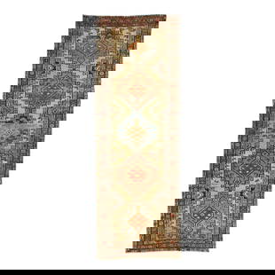 Antique Persian Wool Runner 3'3 x 9' Multicolor Geometric Design: Antique Persian Wool Runner 3'3 x 9' Multicolor Geometric Design Beautiful antique Persian hand-knotted wool runner with a beige color field. This piece has rust, green, and blue accents in a gorgeous
