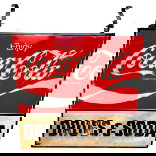 1960s Coca-Cola Trade Sign 'Drugs & Soda' Vintage Americana: 1960s Coca-Cola Trade Sign 'Drugs & Soda' Vintage Americana This 1960s Coca-Cola Trade Sign, advertising 'Drugs & Soda', is a remarkable piece of Americana history, salvaged from a pharmacy on Clemati