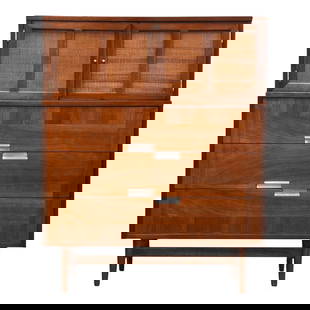 Mid Century Walnut Tall Dresser American of Martinsville Aluminum Pulls 36 x 18.5 x 44.5: Mid Century Walnut Tall Dresser American of Martinsville Aluminum Pulls 36 x 18.5 x 44.5 This mid-century modern tall dresser showcases a beautiful walnut finish, crafted by American of Martinsville.