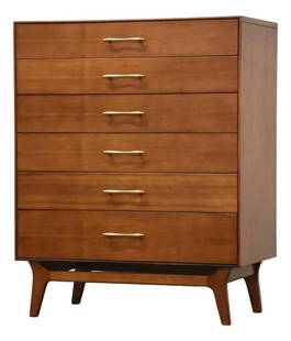 Mid-Century Modern Rway Walnut Tall Dresser 42.25": Mid-Century Modern Rway Walnut Tall Dresser 42.25" This stunning mid-century modern tall dresser showcases a refined walnut finish, featuring elegant canted legs and polished brass drawer pulls, all c