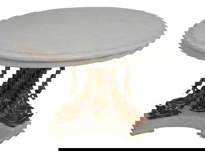 Elegant Round Italian Style Center Table with Dolphin Base: Elegant Round Italian Style Center Table with Dolphin Base This exquisite Round Italian Style Center Table showcases a stunning tessellated marble overlay top, complemented by a beautifully crafted do