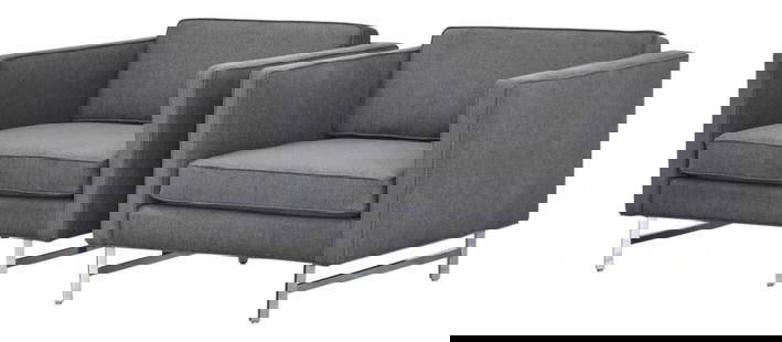 Mid-Century Modern Grey Cube Lounge Chairs Pair Chrome Frames: Mid-Century Modern Grey Cube Lounge Chairs Pair Chrome Frames This stylish pair of mid-century modern grey cube lounge chairs features polished chrome frames, reminiscent of the iconic designs by Milo