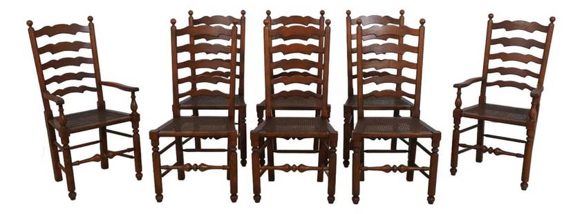 Set of 8 Baker Oak Ladder Back Chairs with Cane Seats: Set of 8 Baker Oak Ladder Back Chairs with Cane Seats Enhance your dining experience with this elegant set of 8 Baker Cane Seat Oak Ladder Back Dining Room Chairs. Crafted from high-quality oak, these