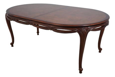 Century French Style Cherry Wood Dining Table with Burl Elm Top: Century French Style Cherry Wood Dining Table with Burl Elm Top This exquisite Century French Style Dining Room Table showcases a blend of cherry wood with a stunning burl elm top, exemplifying qualit