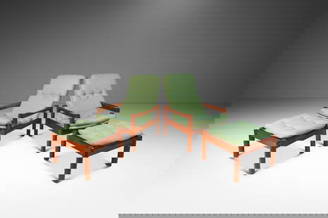 Pair of Danish Mid-Century Modern Teak Lounge Chairs with Ottomans by Domino Mobler: Pair of Danish Mid-Century Modern Teak Lounge Chairs with Ottomans by Domino Mobler This set of two Danish Mid-Century Modern lounge chairs with matching ottomans, crafted in solid Burmese teak by Dom