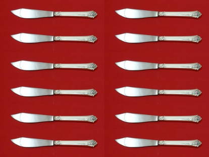 Oneida Damask Rose Sterling Silver Fish Knife Set 12 Pieces 8 1/4": Oneida Damask Rose Sterling Silver Fish Knife Set 12 Pieces 8 1/4" This exquisite set features 12 pieces of the Damask Rose pattern fish knives, crafted by Oneida in post-1940. Each knife is made with