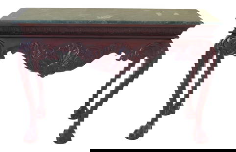Chippendale Style Mahogany Console Table with Marble Top 52 x 20 x 34.5: Chippendale Style Mahogany Console Table with Marble Top 52 x 20 x 34.5 This exquisite console table features a stunning marble top and is crafted from solid mahogany, showcasing beautifully carved ba