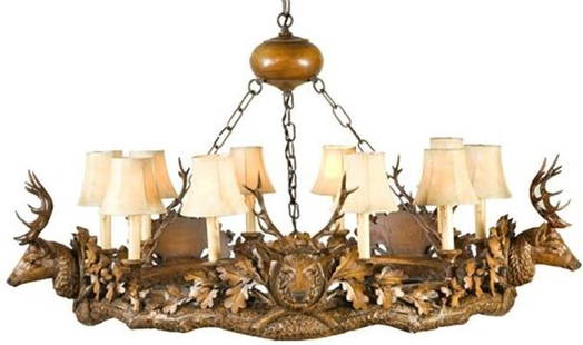 Rustic Lodge Stag Head Bowl Chandelier 29H 45W 45D Brass Finish: Rustic Lodge Stag Head Bowl Chandelier 29H 45W 45D Brass Finish Illuminate your space with this Rustic Lodge Stag Head Candelabra Chandelier, expertly crafted to bring a unique touch of lodge-style ch