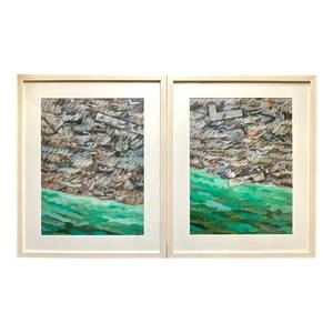 Stunning Vintage Boho Pair of Oil on Paper Abstract Paintings 25.25 x 31