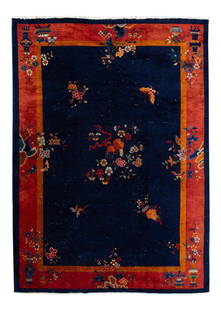 Antique Chinese Art Deco Wool Rug Blue Floral 7 x 9'7: Antique Chinese Art Deco Wool Rug Blue Floral 7 x 9'7 This exquisite antique Chinese Art Deco rug features a hand-knotted wool construction with a striking dark-blue field. The rug is elegantly framed