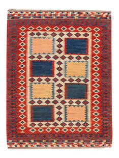 Modern Persian Kilim Rug 5'5" x 6'10" Wool Ivory: Modern Persian Kilim Rug 5'5" x 6'10" Wool Ivory Hand-woven modern Persian Kilim with a geometric design. This piece has magnificent detailing and great colors, it would be the perfect addition to you