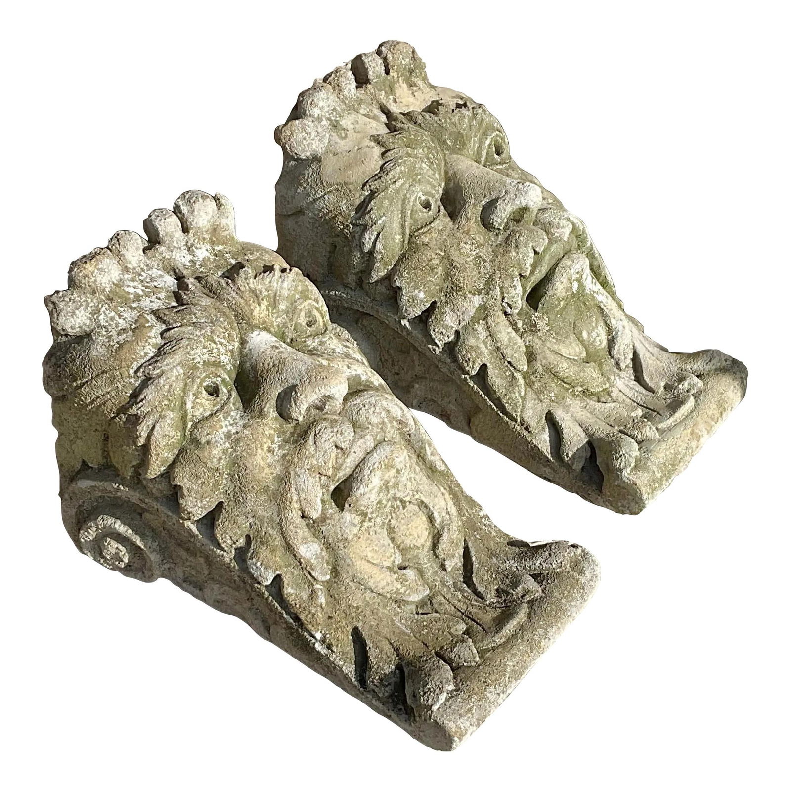 Pair of Vintage Cement Wall Brackets with Mythical Face: Pair of Vintage Cement Wall Brackets with Mythical Face This stunning pair of vintage wall brackets is intricately cast in cement and features the face of a mythical creature, showcasing a beautifully