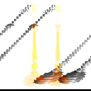 Vintage Regency Candlestick Table Lamps - a Pair: Vintage Regency Candlestick Table Lamps - a Pair This exquisite pair of vintage Regency table lamps showcases a classic candlestick design crafted by the renowned Theodore Alexander group. With elegan