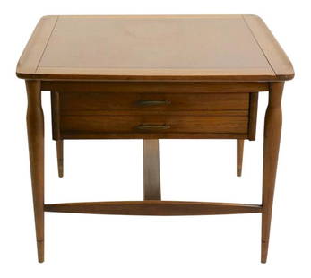 Mid Century One Drawer Table Attributed to Bassett 26 x 27 x 20.5 Brown Wood: Mid Century One Drawer Table Attributed to Bassett 26 x 27 x 20.5 Brown Wood This architectural one drawer table, attributed to Bassett, features a beautifully sculpted top and a deep drawer, compleme