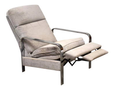 Milo Baughman Grey Upholstered Chrome Lounge Recliner 39x57x37: Milo Baughman Grey Upholstered Chrome Lounge Recliner 39x57x37 Experience the elegance of mid-century modern design with this Milo Baughman Recliner Lounge Chair, crafted by the Design Institute of Am