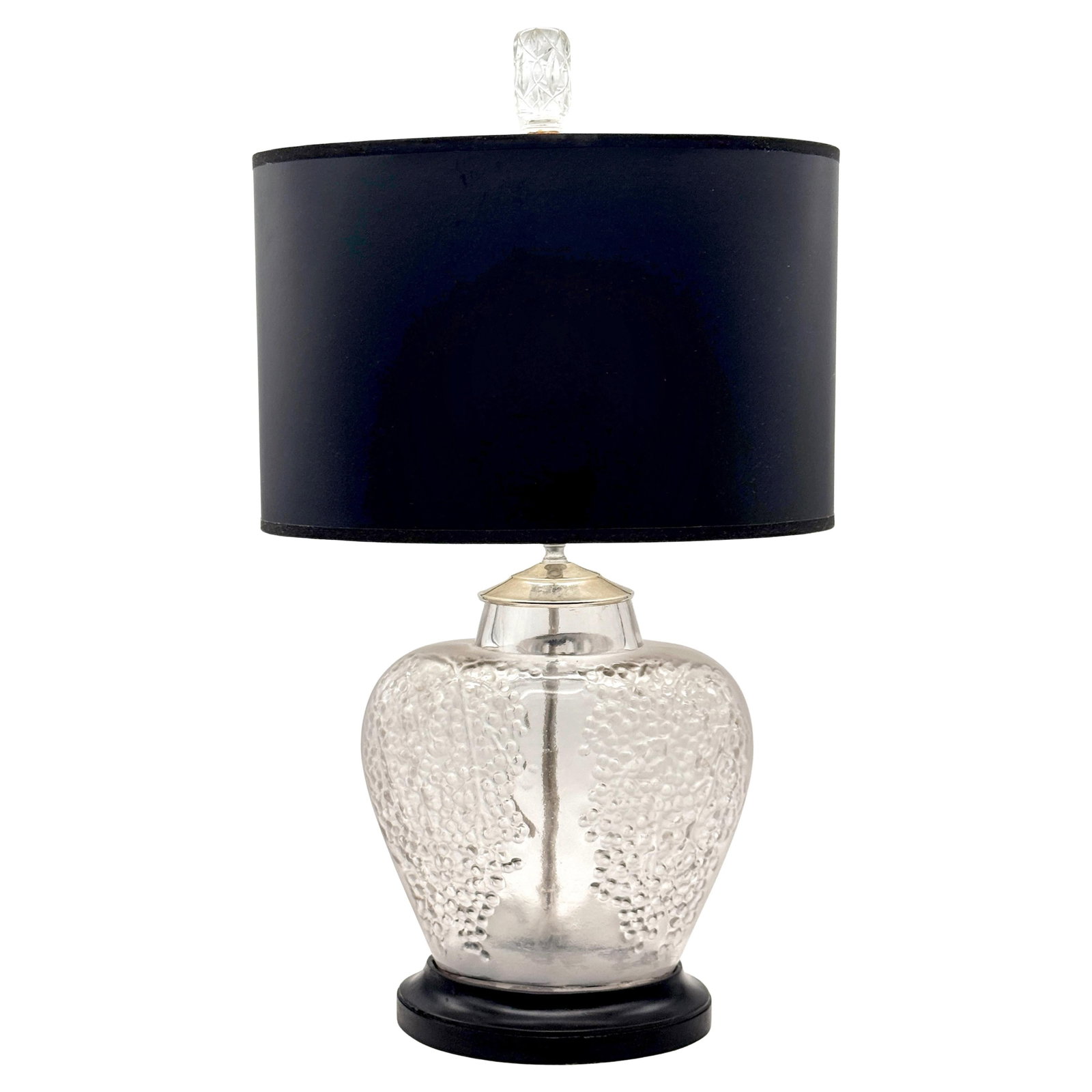 Rene Lalique Poivre Art Deco Lamp with Vintage Shade Set of 2: Rene Lalique Poivre Art Deco Lamp with Vintage Shade Set of 2 Transform your space with the exquisite Rene Lalique 'Poivre' Vase, now elegantly converted into a table lamp. This Art Deco masterpiece, 