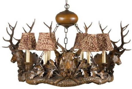 Stag Head Lodge Chandelier 20H 32W 32D Resin Feather Pattern: Stag Head Lodge Chandelier 20H 32W 32D Resin Feather Pattern Illuminate your space with this stunning Stag Head Chandelier featuring intricate feather patterns. Crafted to order in a vintage style, th
