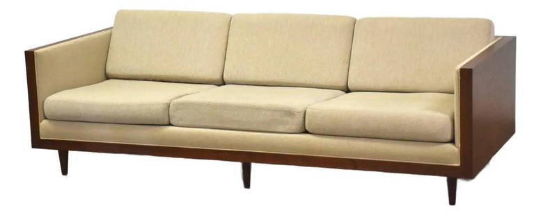 1960s Milo Baughman Style Walnut Sofa Beige Upholstery: 1960s Milo Baughman Style Walnut Sofa Beige Upholstery Discover this stunning 1960s Milo Baughman style sofa, featuring a mid-century modern design crafted from walnut with a warm beige fabric upholst