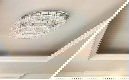 Elegant 34 Inch Chrome Flush Mount LED Chandelier with Crystal Accents: Elegant 34 Inch Chrome Flush Mount LED Chandelier with Crystal Accents Enhance your living space with this stunning Flush Mount Crystal Chandelier, perfect for dining rooms, living rooms, or entryways