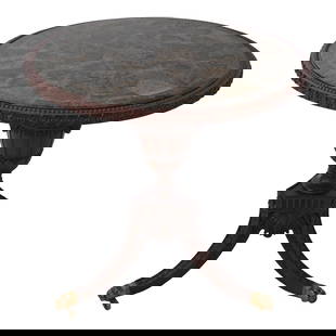 Maitland Smith Round Marble Top Regency Table 31x31 Green Marble Brass Inlay: Maitland Smith Round Marble Top Regency Table 31x31 Green Marble Brass Inlay This exquisite Maitland Smith Round Marble Top Regency Center Table features a beautifully ornate carved base, showcasing i