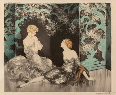 Louis Icart Intimacy 1928 Art Deco Etching Signed 14.875 x 17.875: Louis Icart Intimacy 1928 Art Deco Etching Signed 14.875 x 17.875 This exquisite etching titled "Intimacy" by Louis Icart, created in 1928, features a captivating Art Deco style that beautifully portr