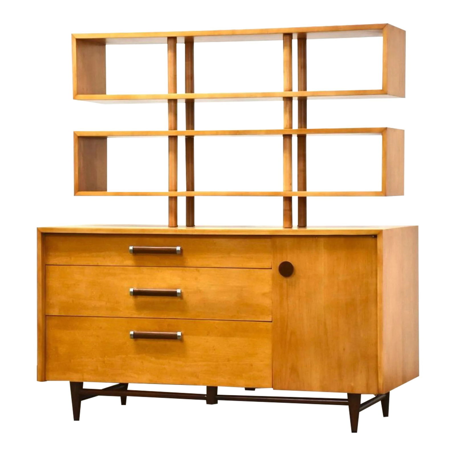 Mid Century Modern Urban Suburban Credenza 54" Maple Walnut Room Divider: Mid Century Modern Urban Suburban Credenza 54" Maple Walnut Room Divider A mid century modern maple and walnut sideboard credenza room divider with a finished back perfect to use in the middle of a ro