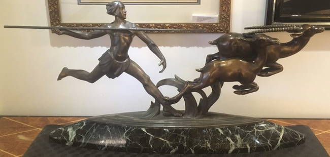 Alexander Kelety 'The Hunter' Antique Bronze Light Sculpture 20 x 40 inches: Alexander Kelety 'The Hunter' Antique Bronze Light Sculpture 20 x 40 inches Presenting "The Hunter," an exquisite antique bronze statue depicting a man hunting a gazelle, crafted by renowned artist Al