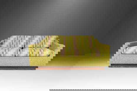 Milo Baughman 1970s Lime Green Tweed Loveseat with Walnut Base: Milo Baughman 1970s Lime Green Tweed Loveseat with Walnut Base This Mid Century Modern loveseat, attributed to Milo Baughman and dating back to the 1970s, showcases a striking blend of vintage charm a
