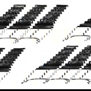 Mid-Century Modern Set of 6 Black Vinyl Aluminum Dining Chairs: Mid-Century Modern Set of 6 Black Vinyl Aluminum Dining Chairs This set of six dining chairs features a sleek mid-century modern design, showcasing an aluminum base paired with durable black vinyl uph