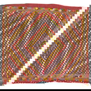 Mid-Century Turkish Jajim Kilim Rug 42 x 50 Colorful Wool Hand-Woven: Mid-Century Turkish Jajim Kilim Rug 42 x 50 Colorful Wool Hand-Woven This exquisite mid-20th century Turkish Jajim features a vibrant geometric design that beautifully showcases the traditional Kilim