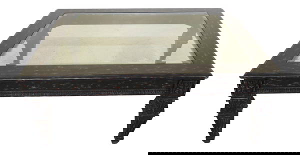 Italian Style Large Black Coffee Table with Beveled Glass Top 42 x 50 x 18.5: Italian Style Large Black Coffee Table with Beveled Glass Top 42 x 50 x 18.5 This Italian style coffee table features a large beveled glass top and a beautifully aged black painted finish, showcasing