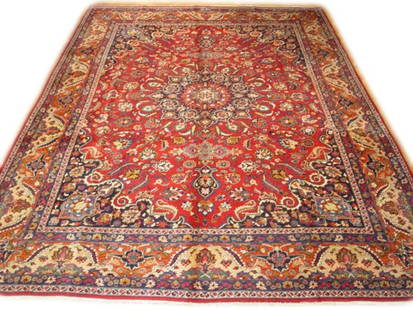 Genuine Persian Mashad Rug 9.9 x 12.9 Deep Red Blue Handwoven: Genuine Persian Mashad Rug 9.9 x 12.9 Deep Red Blue Handwoven Transform your living space with this exquisite 9.9 x 12.9 genuine Persian Mashad rug, handcrafted by skilled artisans in Iran. This handw
