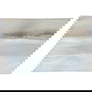 Wolf Kahn Style Winter Landscape Oil Painting 48x36 1980s: Wolf Kahn Style Winter Landscape Oil Painting 48x36 1980s This stunning oil on canvas painting captures a serene winter landscape reminiscent of Wolf Kahn's style, dating back to the 1980s. It showcas