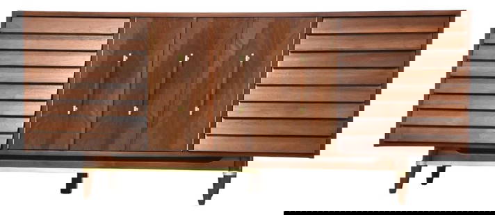 Merton Gershun Mid-Century Walnut Dresser 70" L Brass Accents: Merton Gershun Mid-Century Walnut Dresser 70" L Brass Accents This stunning mid-century modern dresser, designed by Merton Gershun for American of Martinsville, showcases a beautiful walnut finish com