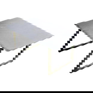 Brutalist Coffee Table with Slate Top and Brass Base: Brutalist Coffee Table with Slate Top and Brass Base Architectural design, Brutalist style coffee table, having a slate top, with a base constructed of squared brass and iron. The table is structurall