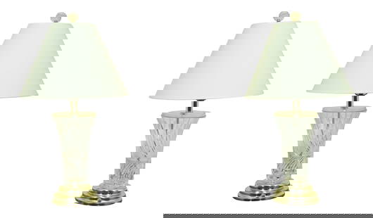 Elegant Pair of Cut Crystal Table Lamps with Shades 27in Tall: Elegant Pair of Cut Crystal Table Lamps with Shades 27in Tall Illuminate your space with this elegant pair of cut crystal modern table lamps. Featuring high-quality construction, these lamps are appro