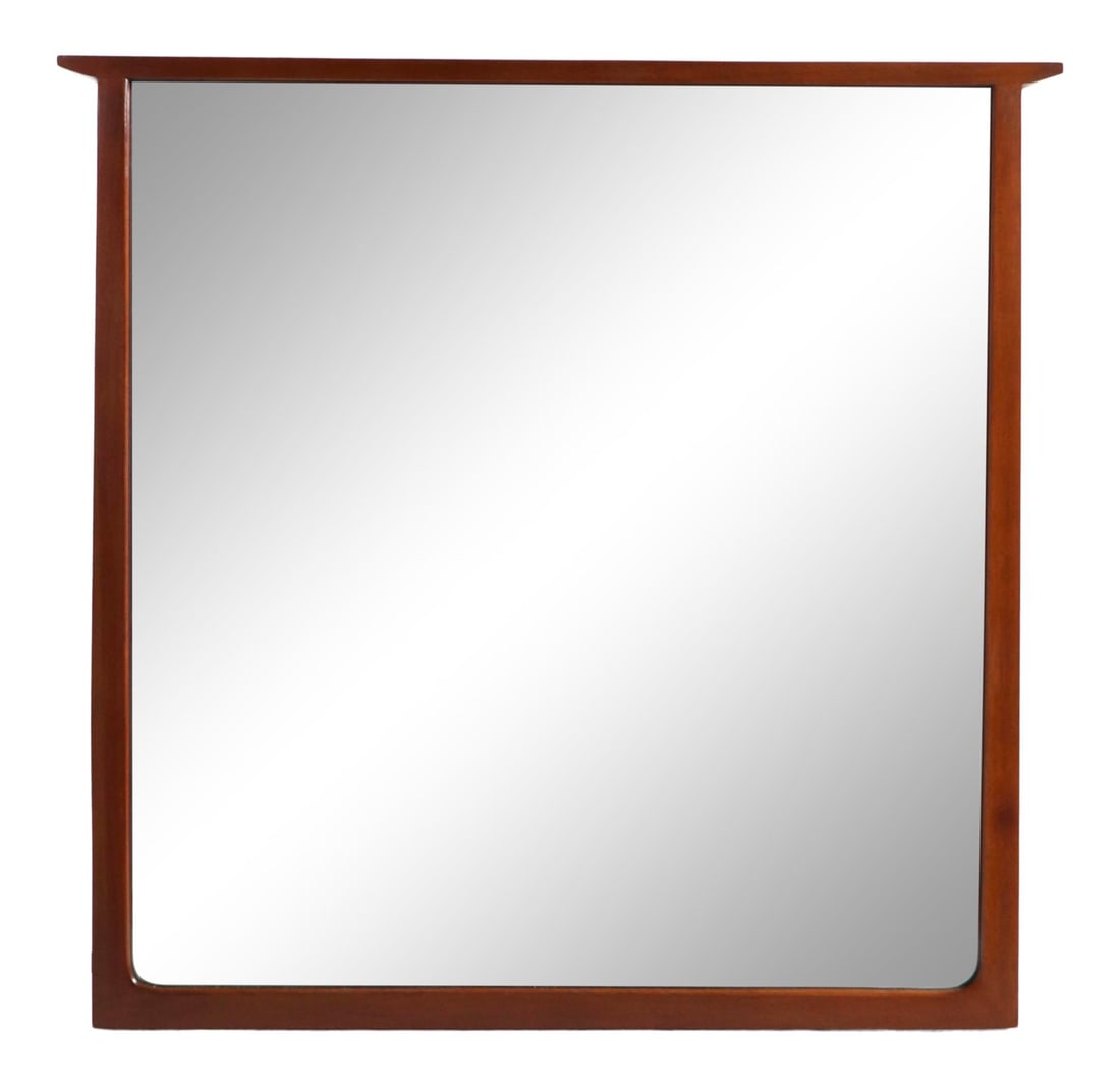 Kipp Stewart Mid Century Oriental Style Wall Mirror 37x36: Kipp Stewart Mid Century Oriental Style Wall Mirror 37x36 This exquisite Mid Century Mirror, designed by Kipp Stewart, features a solid wood frame with an Oriental influence, highlighted by an overhan