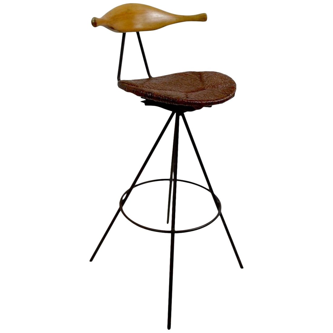 Arthur Umanoff Swivel Stool with Cow Horn Backrest 27.25" Seat Height: Arthur Umanoff Swivel Stool with Cow Horn Backrest 27.25" Seat Height Discover this exquisite Umanoff Stool, a rare piece featuring a stunning cow horn backrest and a durable wrought iron base, design