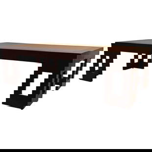 Modernage Two Tone Art Deco Coffee Table in Mahogany 24 x 48 x 14: Modernage Two Tone Art Deco Coffee Table in Mahogany 24 x 48 x 14 This exquisite Two Tone Moderne Art Deco Coffee Table features a sleek rectangular design with a stunning blonde top complemented by a