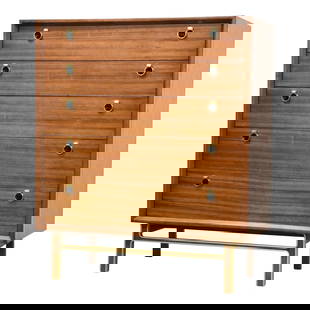 Mid Century Modern Zebra Wood Dresser 38.75 x 19 x 46.25 Polished Brass Accents: Mid Century Modern Zebra Wood Dresser 38.75 x 19 x 46.25 Polished Brass Accents This striking mid-century modern dresser showcases a beautiful zebra wood finish accented by a rich mahogany stain and p