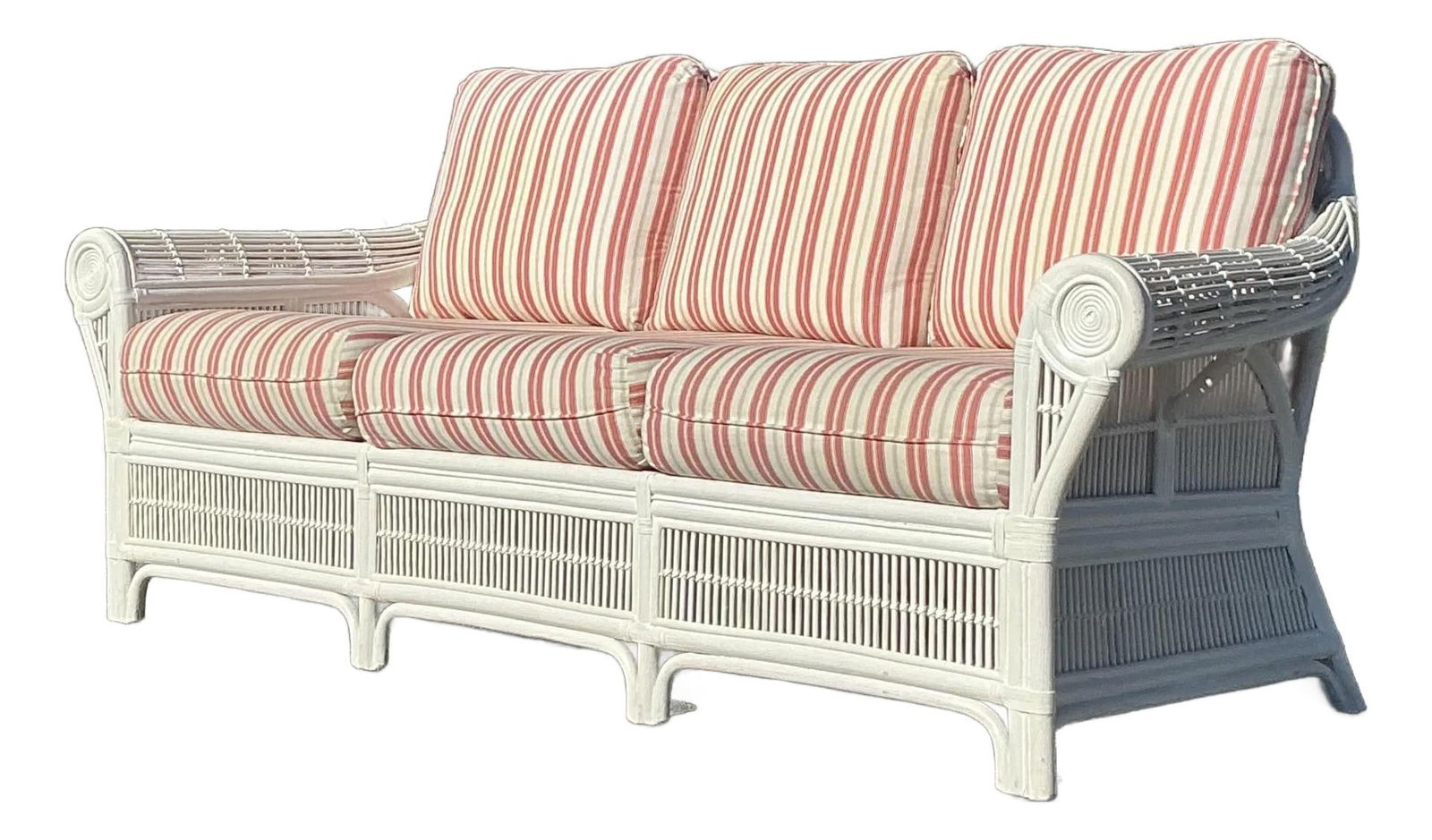 Vintage Pink Coastal Rattan Sofa with Roll Arms: Vintage Pink Coastal Rattan Sofa with Roll Arms Enhance your living space with this vintage coastal roll-arm rattan sofa. This stunning piece features a sturdy rattan frame with elegantly curved arms